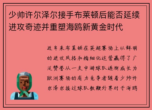 少帅许尔泽尔接手布莱顿后能否延续进攻奇迹并重塑海鸥新黄金时代