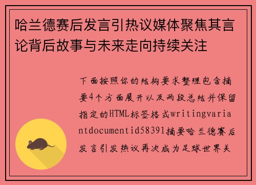 哈兰德赛后发言引热议媒体聚焦其言论背后故事与未来走向持续关注